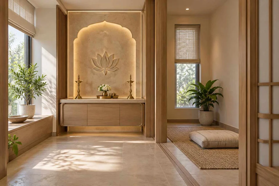 AI-generated puja room design concept: two-zone prayer nook, quiet contemporary direction