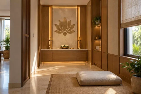 AI-generated puja room design concept: two-zone prayer nook, quiet transitional direction