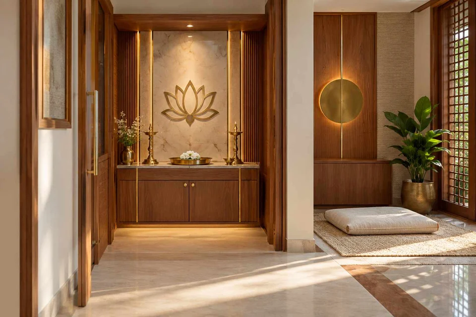 AI-generated puja room design concept: two-zone prayer nook, rosewood brass direction