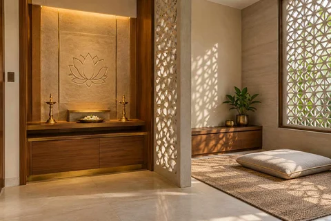 AI-generated puja room design concept: two-zone prayer nook, sandstone lattice direction
