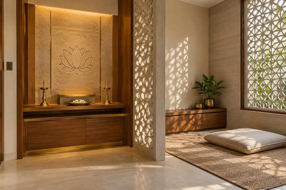 AI-generated puja room design concept: two-zone prayer nook, sandstone lattice direction