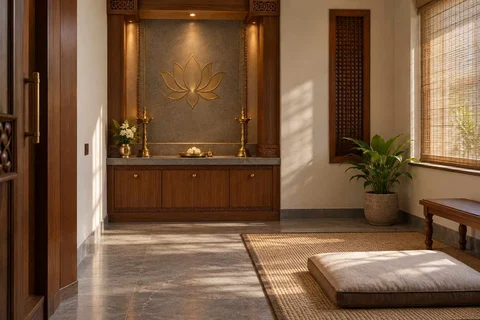 AI-generated puja room design concept: two-zone prayer nook, teak craft direction