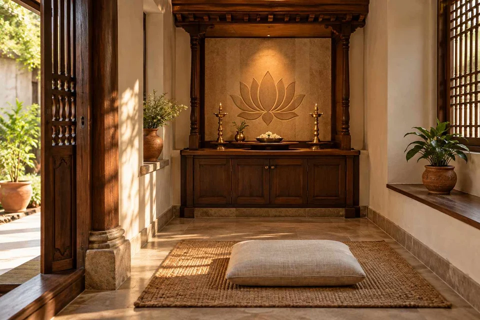 AI-generated puja room design concept: two-zone prayer nook, terracotta heritage direction