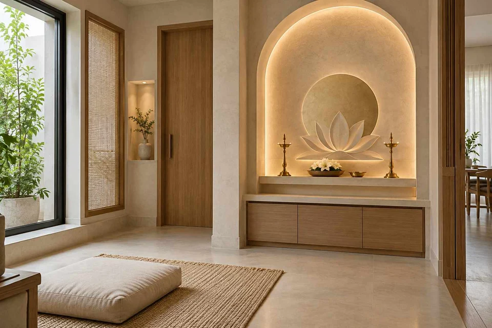 AI-generated puja room design concept: two-zone prayer nook, textured mineral direction
