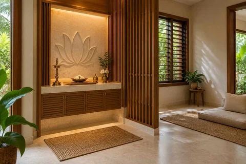 AI-generated puja room design concept: two-zone prayer nook, tropical slatted direction