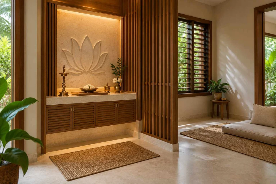 AI-generated puja room design concept: two-zone prayer nook, tropical slatted direction