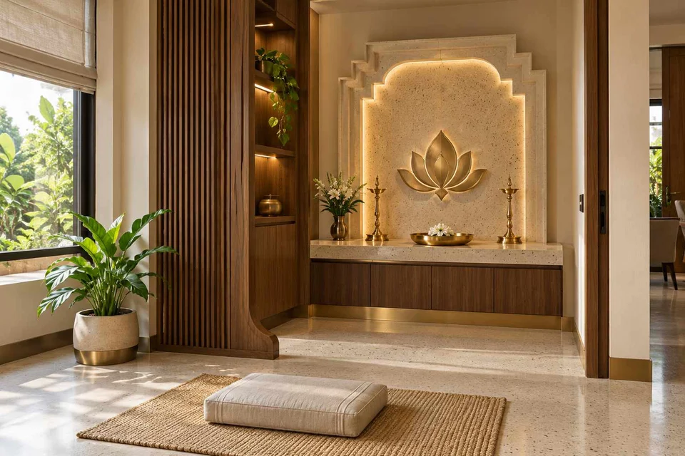 AI-generated puja room design concept: two-zone prayer nook, urban deco direction