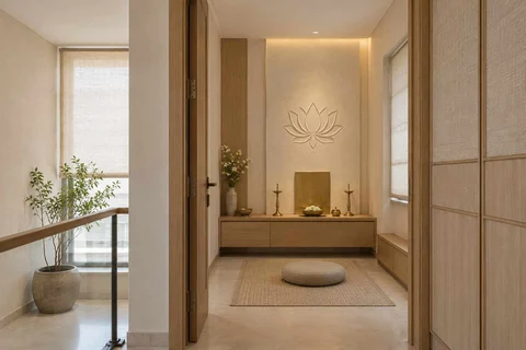 AI-generated puja room design concept: upper-landing quiet room, ash and linen direction