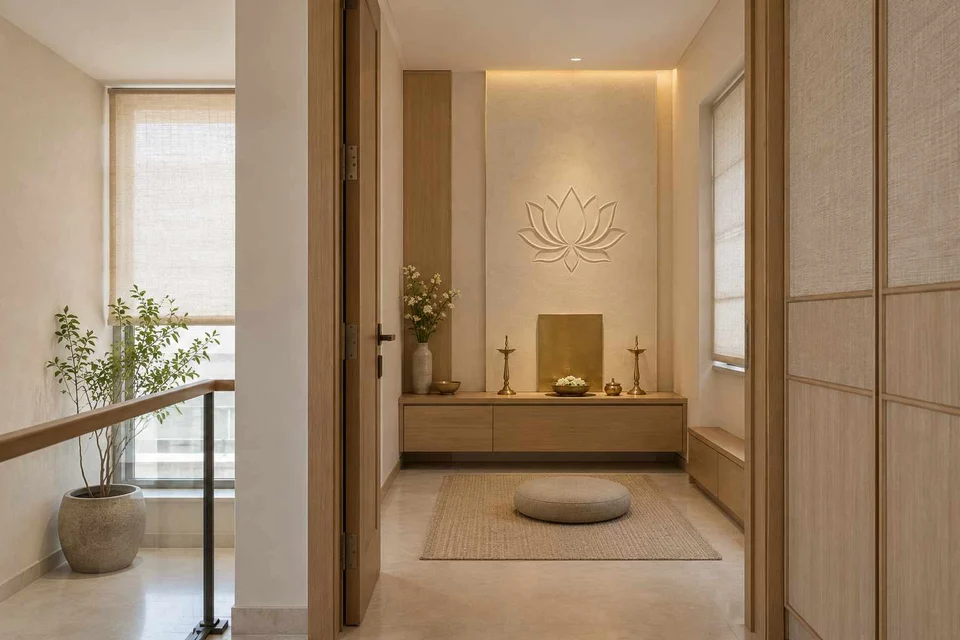 AI-generated puja room design concept: upper-landing quiet room, ash and linen direction