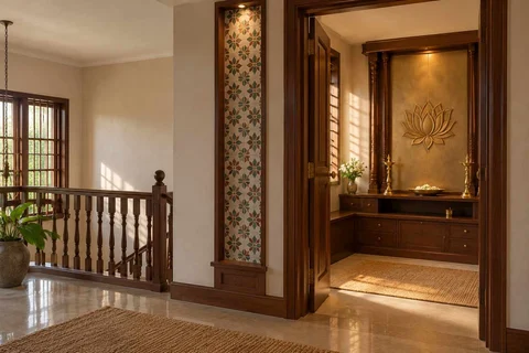 AI-generated puja room design concept: upper-landing quiet room, chettinad tile direction