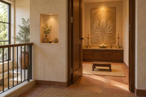 AI-generated puja room design concept: upper-landing quiet room, clay artisan direction