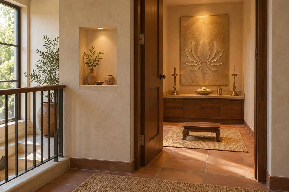 AI-generated puja room design concept: upper-landing quiet room, clay artisan direction