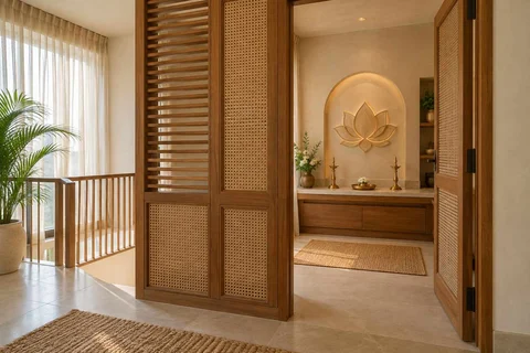 AI-generated puja room design concept: upper-landing quiet room, coastal woven direction