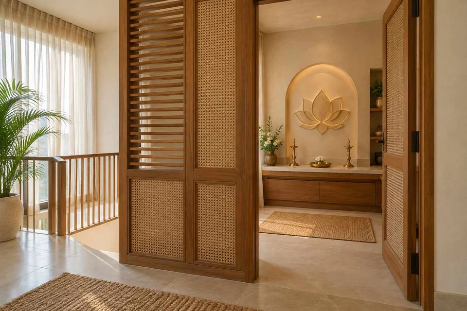 AI-generated puja room design concept: upper-landing quiet room, coastal woven direction