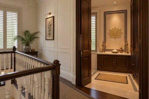 AI-generated puja room design concept: upper-landing quiet room, colonial quiet direction