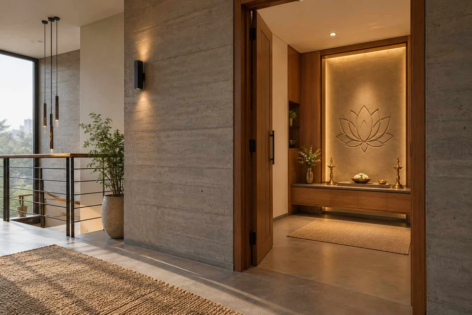 AI-generated puja room design concept: upper-landing quiet room, concrete and oak direction