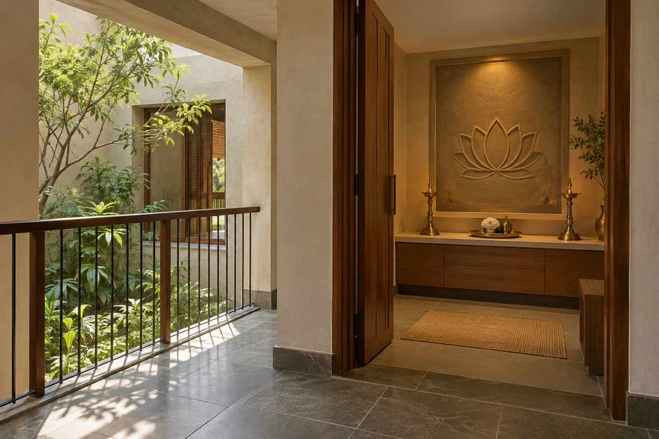 AI-generated puja room design concept: upper-landing quiet room, courtyard modern direction