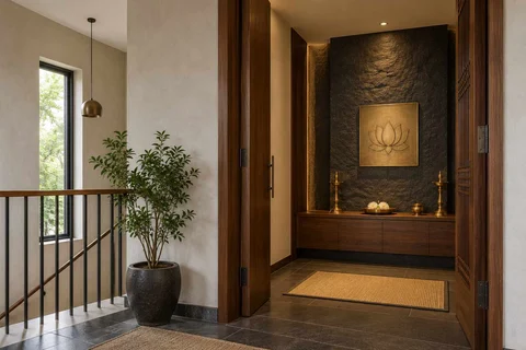 AI-generated puja room design concept: upper-landing quiet room, deccan stone direction