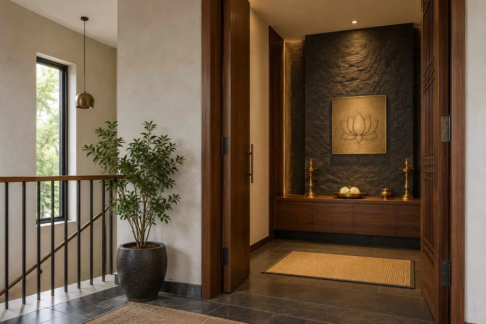 AI-generated puja room design concept: upper-landing quiet room, deccan stone direction