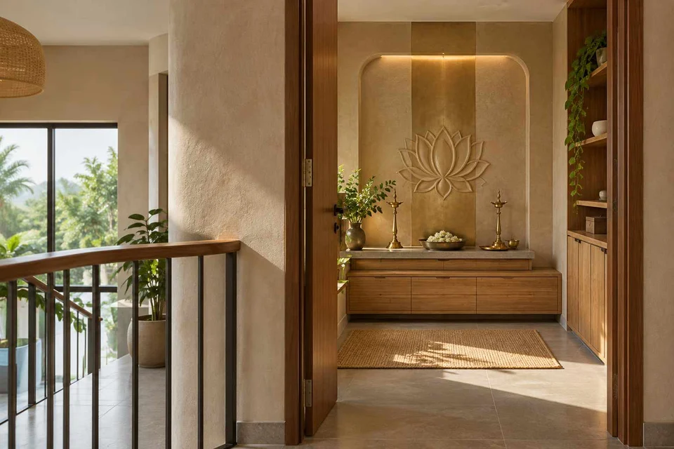 AI-generated puja room design concept: upper-landing quiet room, earth and bamboo direction