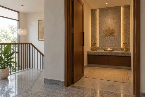 AI-generated puja room design concept: upper-landing quiet room, granite precision direction