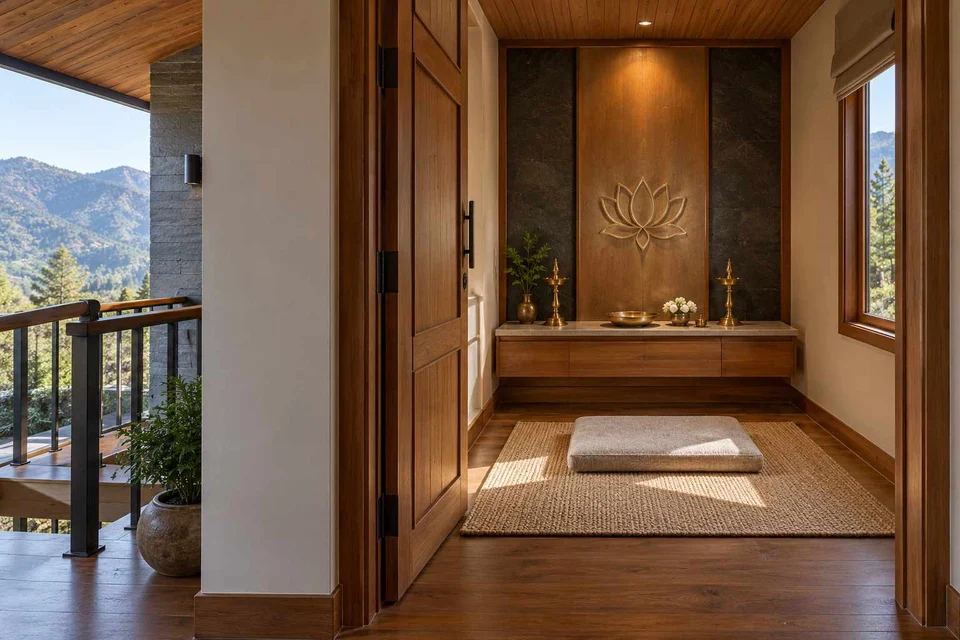 AI-generated puja room design concept: upper-landing quiet room, hill timber direction