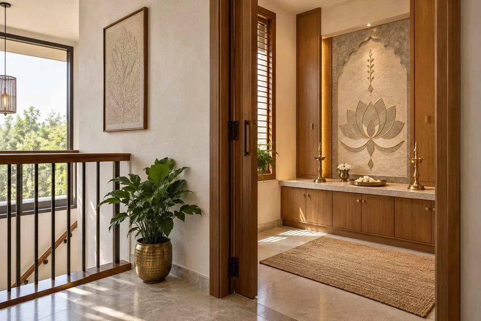 AI-generated puja room design concept: upper-landing quiet room, inlay atelier direction