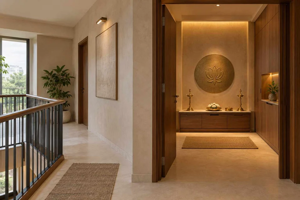 AI-generated puja room design concept: upper-landing quiet room, lime and walnut direction