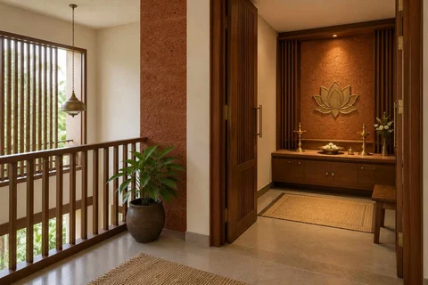 AI-generated puja room design concept: upper-landing quiet room, malabar timber direction