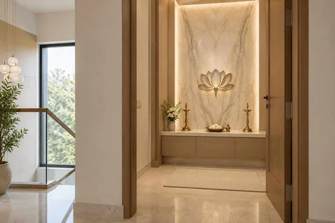 AI-generated puja room design concept: upper-landing quiet room, marble restraint direction