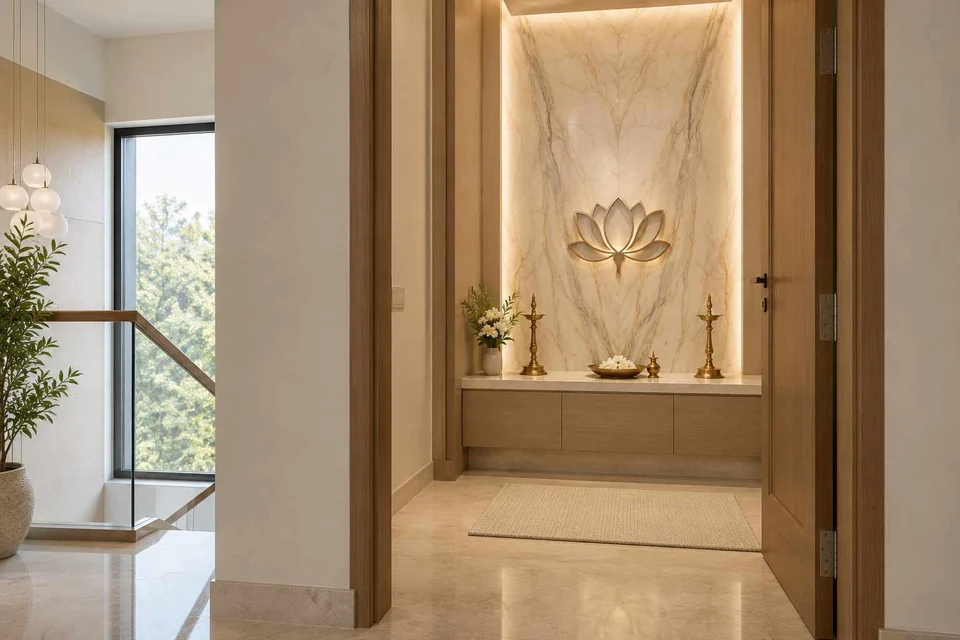 AI-generated puja room design concept: upper-landing quiet room, marble restraint direction