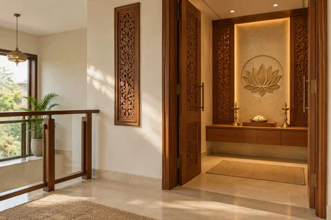 AI-generated puja room design concept: upper-landing quiet room, modern carved direction