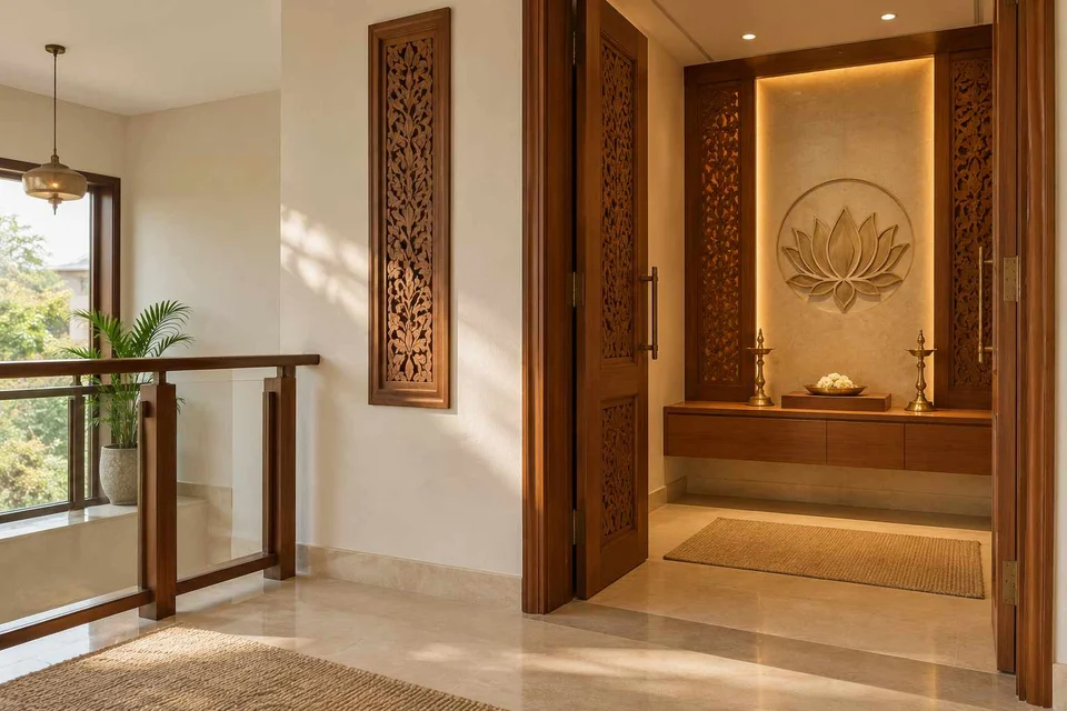 AI-generated puja room design concept: upper-landing quiet room, modern carved direction