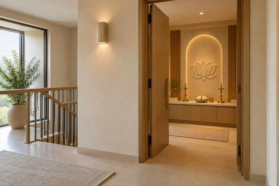 AI-generated puja room design concept: upper-landing quiet room, quiet contemporary direction