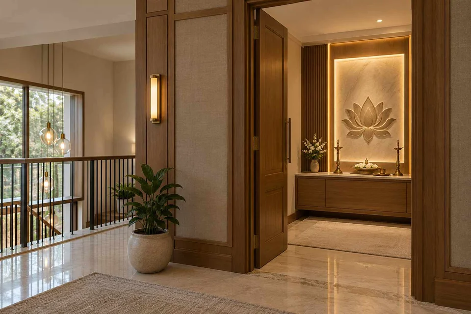AI-generated puja room design concept: upper-landing quiet room, quiet transitional direction