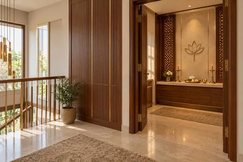 AI-generated puja room design concept: upper-landing quiet room, rosewood brass direction