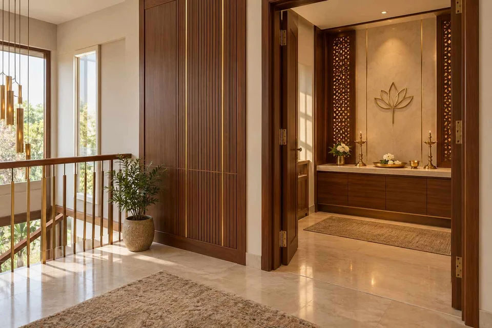 AI-generated puja room design concept: upper-landing quiet room, rosewood brass direction