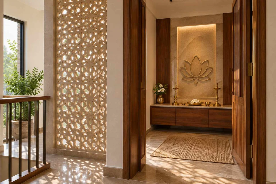 AI-generated puja room design concept: upper-landing quiet room, sandstone lattice direction