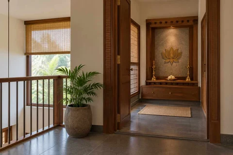 AI-generated puja room design concept: upper-landing quiet room, teak craft direction