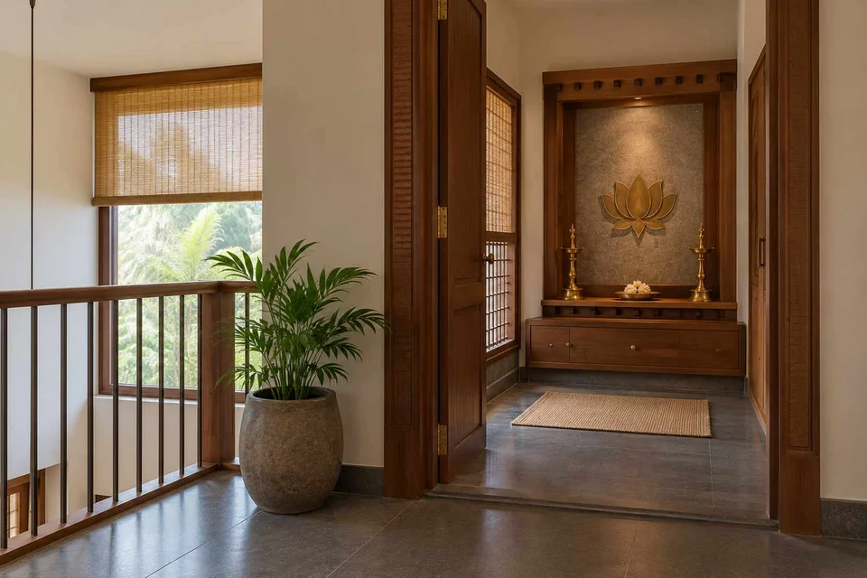 AI-generated puja room design concept: upper-landing quiet room, teak craft direction