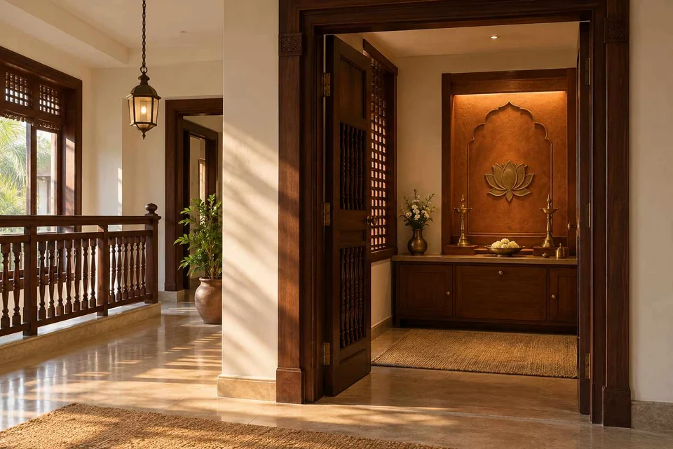 AI-generated puja room design concept: upper-landing quiet room, terracotta heritage direction