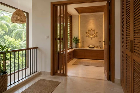 AI-generated puja room design concept: upper-landing quiet room, tropical slatted direction