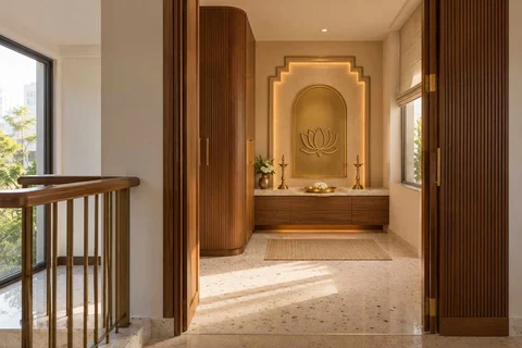 AI-generated puja room design concept: upper-landing quiet room, urban deco direction