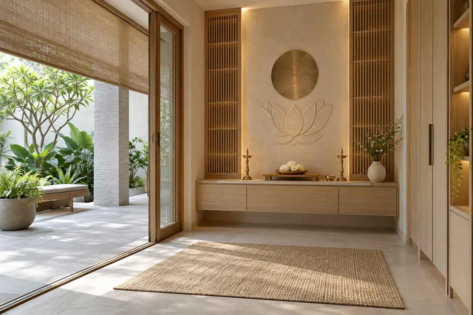 AI-generated puja room design concept: verandah-linked prayer room, ash and linen direction