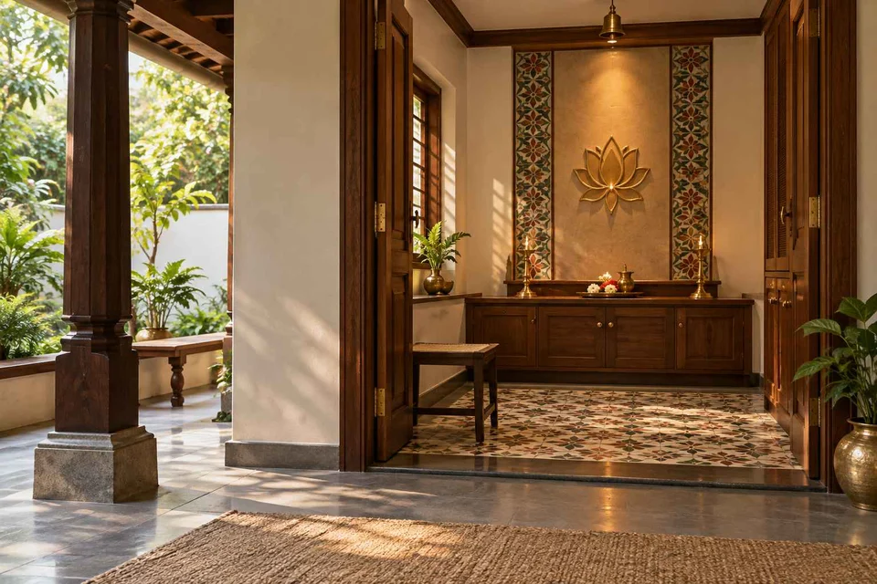 AI-generated puja room design concept: verandah-linked prayer room, chettinad tile direction