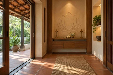 AI-generated puja room design concept: verandah-linked prayer room, clay artisan direction