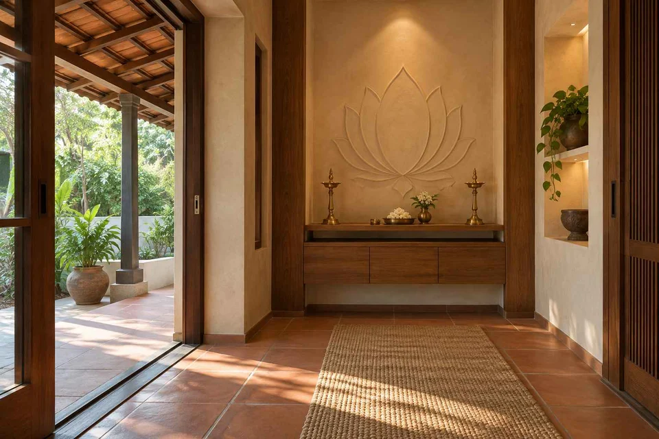 AI-generated puja room design concept: verandah-linked prayer room, clay artisan direction