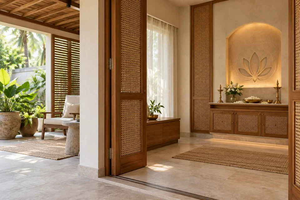 AI-generated puja room design concept: verandah-linked prayer room, coastal woven direction