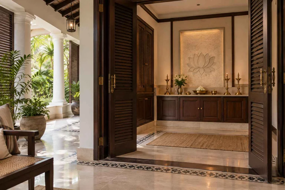 AI-generated puja room design concept: verandah-linked prayer room, colonial quiet direction