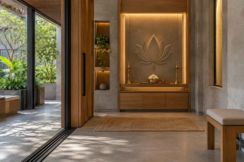 AI-generated puja room design concept: verandah-linked prayer room, concrete and oak direction